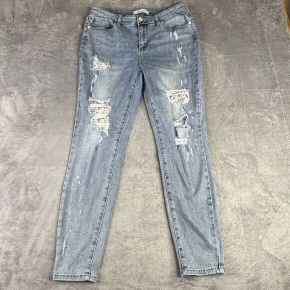 Judy Blue Jeans Womens 13 Distressed Skinny Light Wash Denim Lace Patch Ripped - Picture 1 of 14